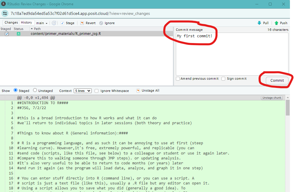 Image of git pop-up window. Area for git commit message and git commit button circled.